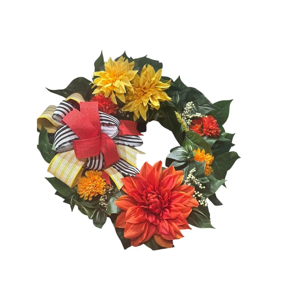 Handmade Year-Round Wreath: Greenery, Orange &yellow Door Decor